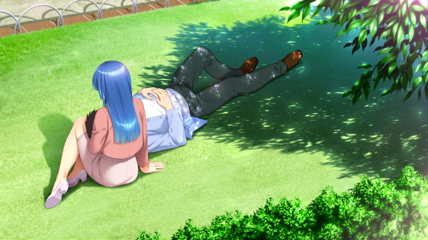 1boy aged_up arm_support blue_hair blue_shirt brown_footwear couple dappled_sunlight day doukyuusei dress_shirt female game_cg grey_pants high_heels highres jacket lap_pillow long_hair long_sleeves lying miniskirt on_back open_clothes open_shirt outdoors pants pencil_skirt pink_jacket pink_skirt pumps shirt skirt straight straight_hair sumeragi_kohaku sunlight tamachi_hiromi white_footwear white_shirt