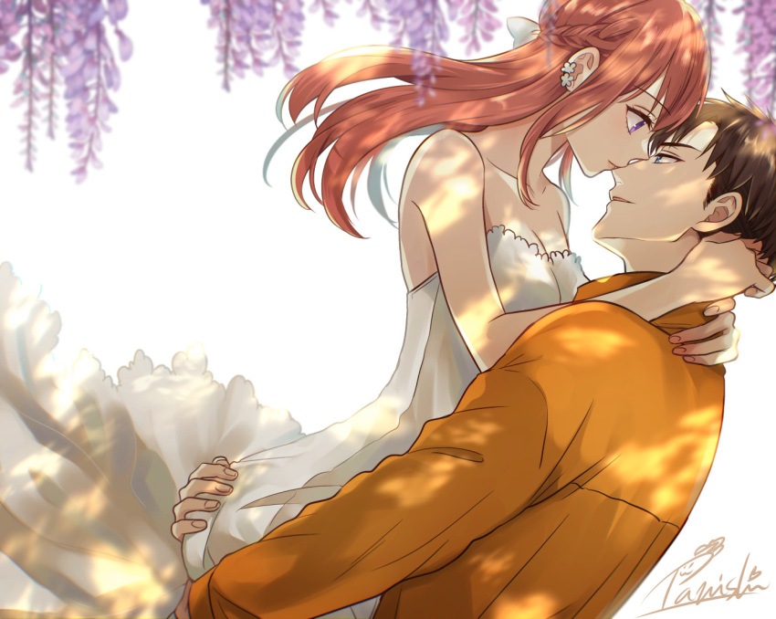 1boy artist_name bare_shoulders bow braid breasts brown_hair carrying cleavage dappled_sunlight dress eye_contact female flower french_braid fujihashi_ryou hairbow hand_on_another's_ass hug long_hair looking_at_another mizuno_souma orange_shirt outdoors purple_eyes shirt sleeveless sleeveless_dress straight sunlight tarou_(you-0512) white_bow wisteria yubisaki_kara_no_honki_no_netsujou