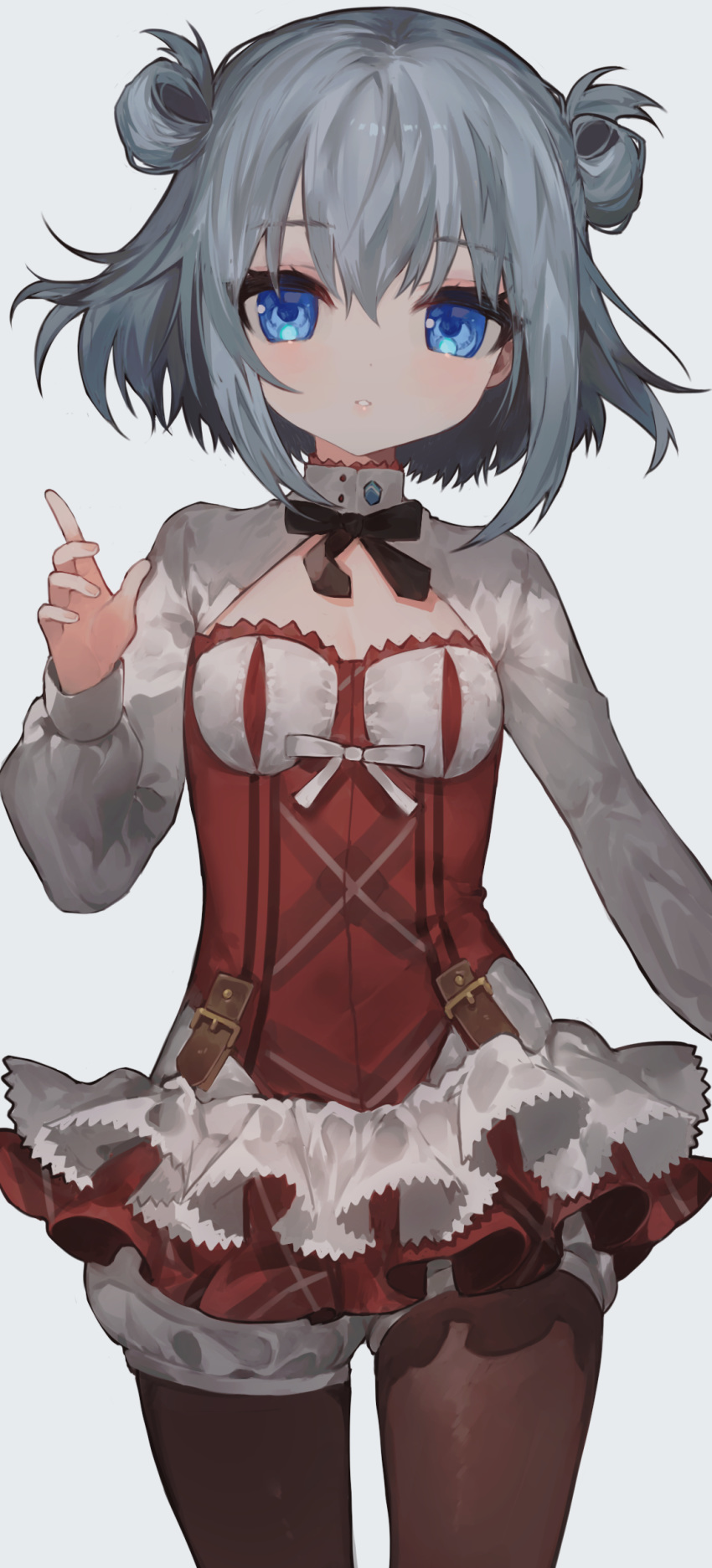 absurdres agenasumiso51 assassins_pride black_ribbon bloomers blue_eyes commentary_request corset double_bun dress elise_angel female grey_hair hair_between_eyes hair_bun highres pantyhose red_dress ribbon short_hair simple_background solo underwear white_ribbon