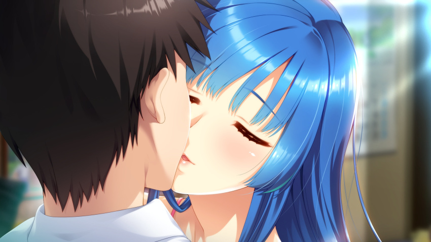 1boy aged_up blue_hair blush brown_hair closed_eyes couple doukyuusei female game_cg highres imminent_kiss long_hair open_mouth shirt spaghetti_strap straight sumeragi_kohaku tamachi_hiromi white_shirt