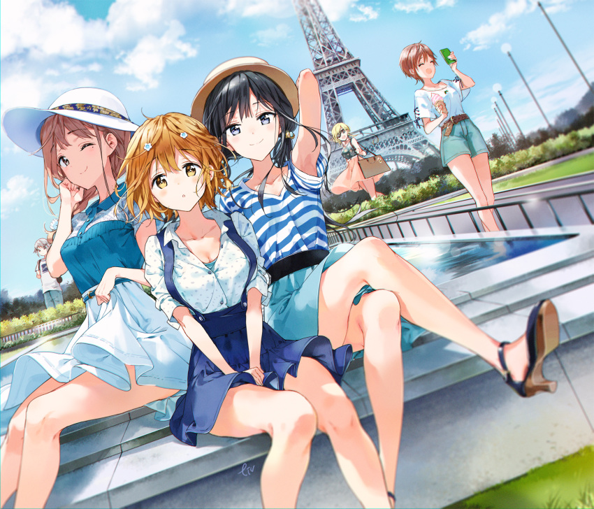 1boy 5girls :o adagaki_aki arm_up armpits bare_legs belt black_hair blush breasts brown_belt brown_hair cleavage denim dutch_angle eiffel_tower eyepatch flower food fountain fujinomiya_neko futaba_tae hair_flower hair_ornament hand_on_own_face hands_on_lap hat high_heels highres ice_cream jeans koiwai_yoshino long_hair masamune-kun_no_revenge medium_hair miniskirt multiple_girls muriel_besson one_eye_closed orange_hair otoko_no_ko outdoors pants paris selfie shirt short_hair short_shorts shorts shuri_kojuurou skirt striped_clothes striped_shirt tiv white_hair