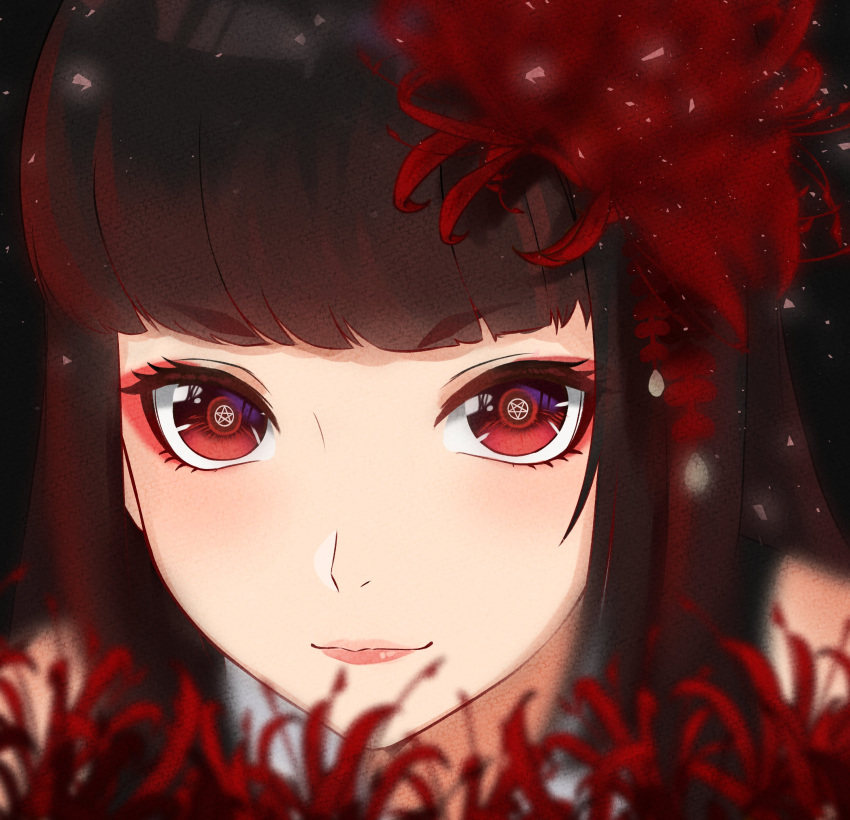 absurdres brown_hair close-up eyeshadow female flower futakuchi_mana hair_flower hair_ornament highres indie_virtual_youtuber lazycoffee_(wyen_iscordo) light_smile long_hair looking_at_viewer makeup pentagram portrait red_eyes red_eyeshadow red_flower smile solo symbol-shaped_pupils virtual_youtuber