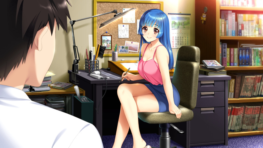 1boy aged_up blue_hair blue_skirt blush breasts brown_eyes brown_hair chair cleavage closed_mouth crossed_legs doukyuusei female game_cg highres holding holding_pen large_breasts long_hair looking_at_another miniskirt pen pencil_skirt pink_shirt shirt sitting skirt sleeveless sleeveless_shirt smile straight_hair sumeragi_kohaku tamachi_hiromi white_shirt