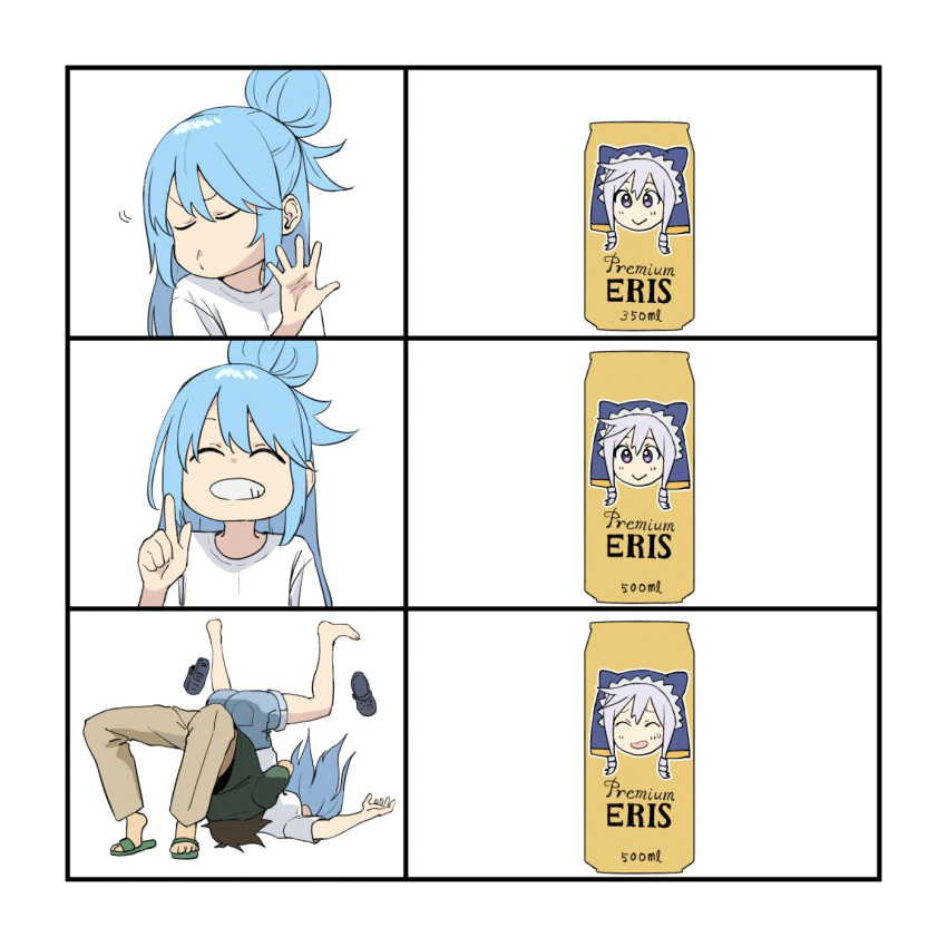 1boy aqua_(konosuba) beer_can breasts brown_hair can drakeposting_(meme) drink_can eris_(konosuba) female german_suplex grin highres izawa_(bhive003) kono_subarashii_sekai_ni_shukufuku_wo! long_hair meme pants satou_kazuma shirt shoes short_hair shorts smile suplex teeth wrestling