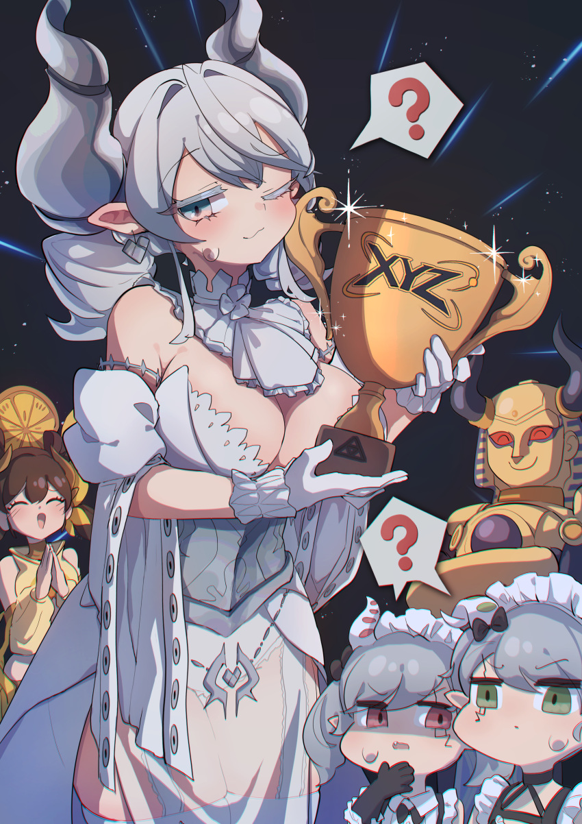 1other 4girls ? absurdres arianna_the_labrynth_servant arianne_the_labrynth_servant bare_shoulders black_background breasts c_civciv cleavage commentary demon_girl demon_horns dress drill_hair duel_monster earrings english_commentary gloves grey_eyes grey_hair highres holding holding_trophy horns horus imsety_glory_of_horus jewelry large_breasts leotard long_hair lovely_labrynth_of_the_silver_castle multiple_girls ohime_the_manifested_mikanko one_eye_closed pointy_ears see-through speech_bubble spoken_question_mark thighhighs trophy twin_drills white_dress white_gloves white_leotard white_thighhighs yu-gi-oh! yu-gi-oh!_master_duel