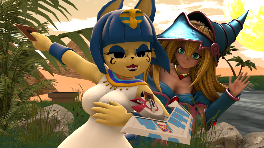 3d_(artwork) animal_crossing ankha_(animal_crossing) anthro big_breasts blonde_hair blue_hair breasts card card_game clothed clothing cloud crossover dark_magician_girl desert detailed_background digital_media_(artwork) domestic_cat duel_disk duel_monster duo egyptian felid feline felis female fur gaming hair headgear headwear hi_res holding_object human jewelry konami leafytheleafer looking_at_viewer mammal markings mythology nintendo open_mouth outside plant playing_card pyramid river sky smile standing sun trading_card tree water yellow_body yellow_fur yu-gi-oh! yu-gi-oh_card