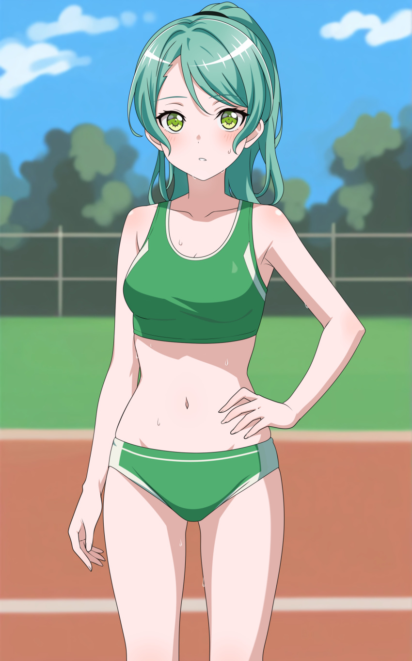 absurdres aqua_hair bang_dream! blurry blurry_background blush breasts buruma collarbone commentary english_commentary female fries_vanquisher green_buruma green_eyes green_sports_bra hand_on_own_hip highres hikawa_sayo long_hair looking_at_viewer medium_breasts navel open_mouth outdoors ponytail solo sports_bra sweat track_uniform