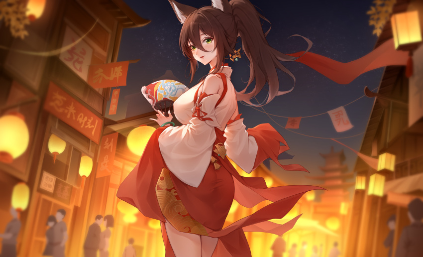 absurdres alternate_costume animal_ears architecture ass bare_shoulders blush bracelet breasts brown_hair cowboy_shot detached_sleeves east_asian_architecture female fox_ears fox_girl from_side green_bracelet green_eyes hair_between_eyes hand_fan highres holding holding_fan honkai:_star_rail honkai_(series) jewelry large_breasts long_hair long_hair_between_eyes looking_at_viewer looking_back negi_kome night night_sky open_mouth outdoors people ponytail red_skirt shirt skirt sky sleeveless sleeveless_shirt solo_focus tingyun_(honkai:_star_rail) white_shirt wide_sleeves