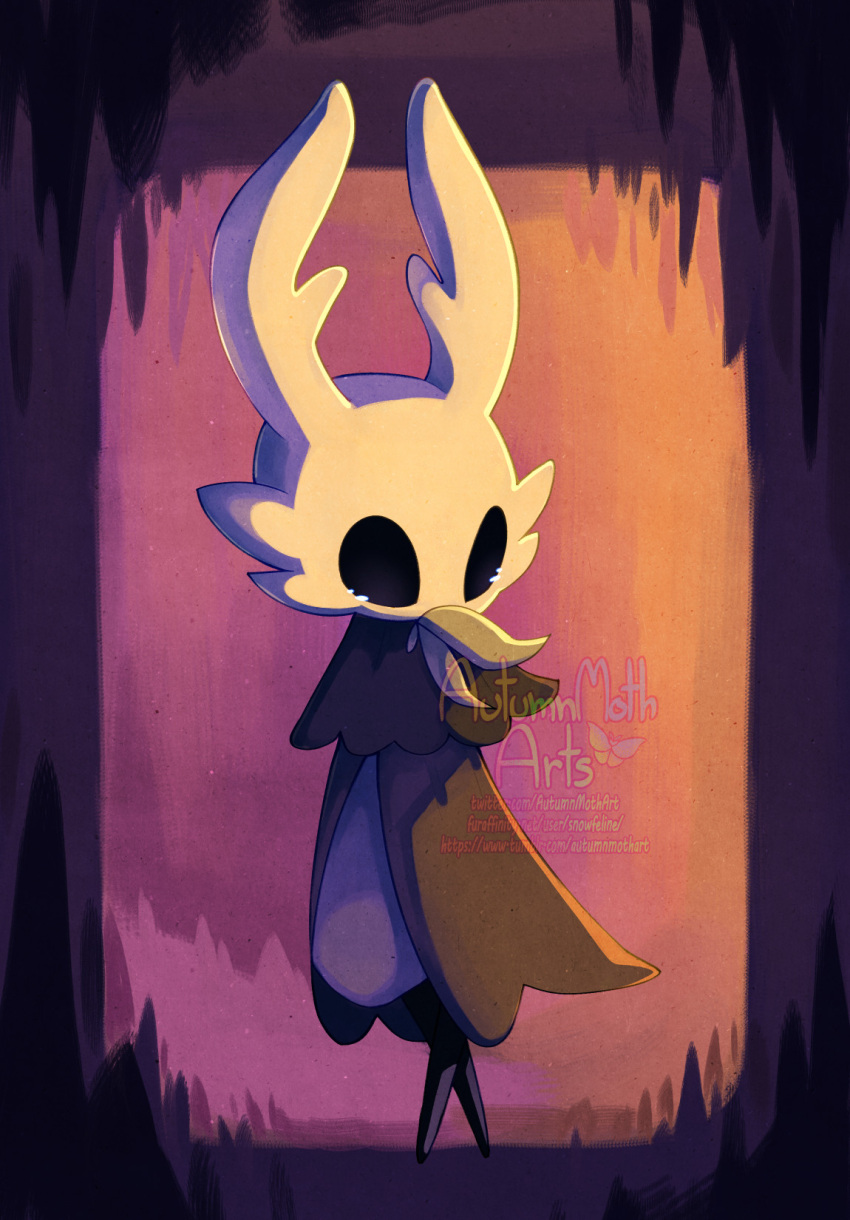 2024 2_horns artfight artfight2024 arthropod artist_name black_eyes black_legs cave cloak clothed clothing detailed_background digital_media_(artwork) english_text featureless_feet feet hi_res hollow_knight horn nonbinary_(lore) shaded snowfeline solo standing team_cherry text url vessel_(species)