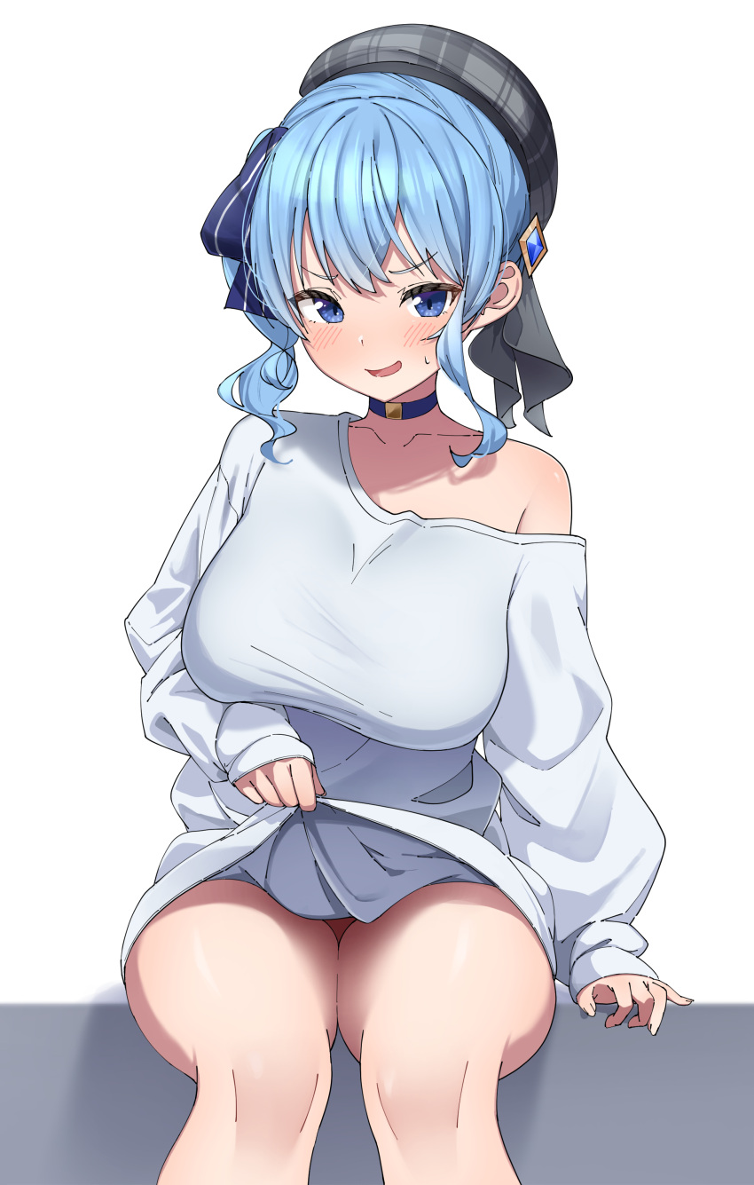 absurdres alternate_breast_size alternate_costume blue_choker blue_eyes blue_hair blush breasts choker commentary_request eru_(l_illust45) female highres hololive hoshimachi_suisei large_breasts long_sleeves looking_at_viewer open_mouth oversized_clothes oversized_shirt plaid_clothes plaid_headwear puffy_long_sleeves puffy_sleeves shirt side_ponytail simple_background single_bare_shoulder single_off_shoulder sitting solo thighs virtual_youtuber white_background white_shirt