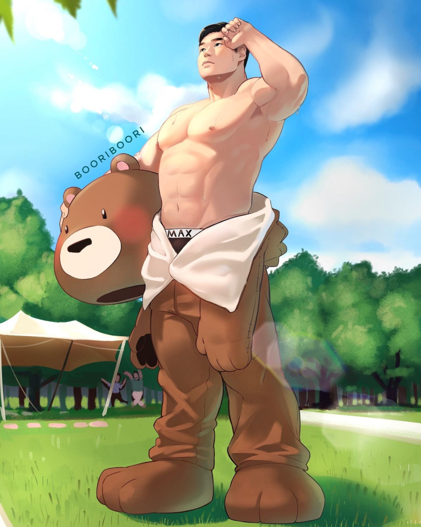 1boy abs animal_costume armpits bara bear_costume boori_boori99 commission day facial_hair full_body highres holding holding_mask hot large_pectorals male_focus male_underwear male_underwear_peek mask multiple_boys navel nipples original pectorals plump shaved_body short_hair sideburns solo_focus standing strongman_waist stubble sweat thick_eyebrows underwear