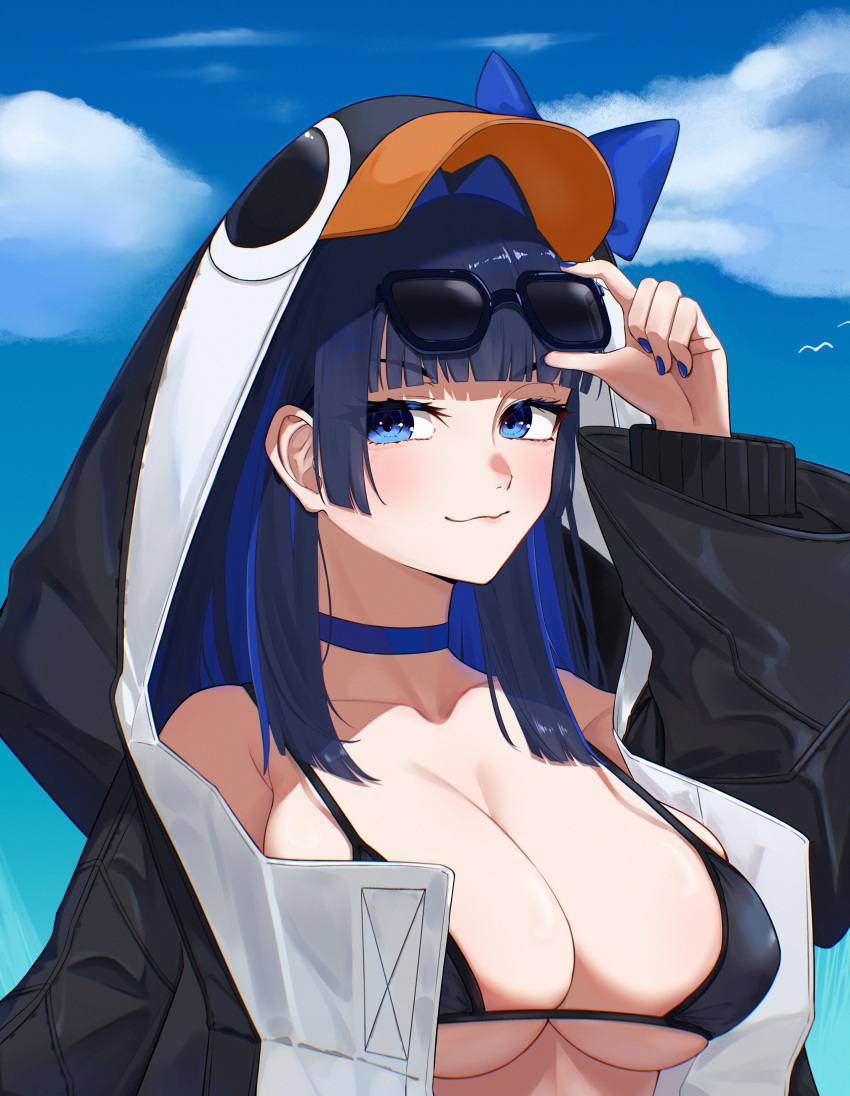 :3 absurdres adjusting_eyewear animal_hood bikini black_bikini black_jacket blue_eyes blue_hair blue_nails blue_sky blunt_bangs blunt_ends breasts cloud colored_inner_hair commentary cosplay creator_connection eipanguino english_commentary eyewear_on_head fate/grand_order fate_(series) female hair_intakes hand_up highres hime_cut hololive hololive_english hood hooded_jacket jacket large_breasts long_hair looking_at_viewer meltryllis_(fate) meltryllis_(swimsuit_lancer)_(fate) meltryllis_(swimsuit_lancer)_(fate)_(cosplay) micro_bikini multicolored_hair ouro_kronii penguin_hood sidelocks sky solo swimsuit tinted_eyewear upper_body v-shaped_eyebrows virtual_youtuber