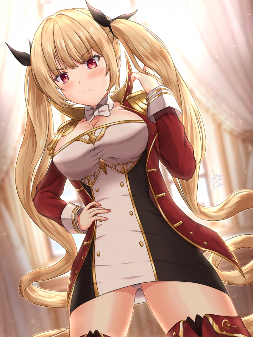 are_you_333 azur_lane black_ribbon blonde_hair blush breasts cleavage coat curtains day dress epaulettes female hair_between_eyes hair_ribbon highres indoors jacket large_breasts long_hair long_sleeves looking_at_viewer microdress nelson_(azur_lane) panties red_coat red_eyes red_jacket red_thighhighs ribbon solo thighhighs twintails underwear very_long_hair white_panties