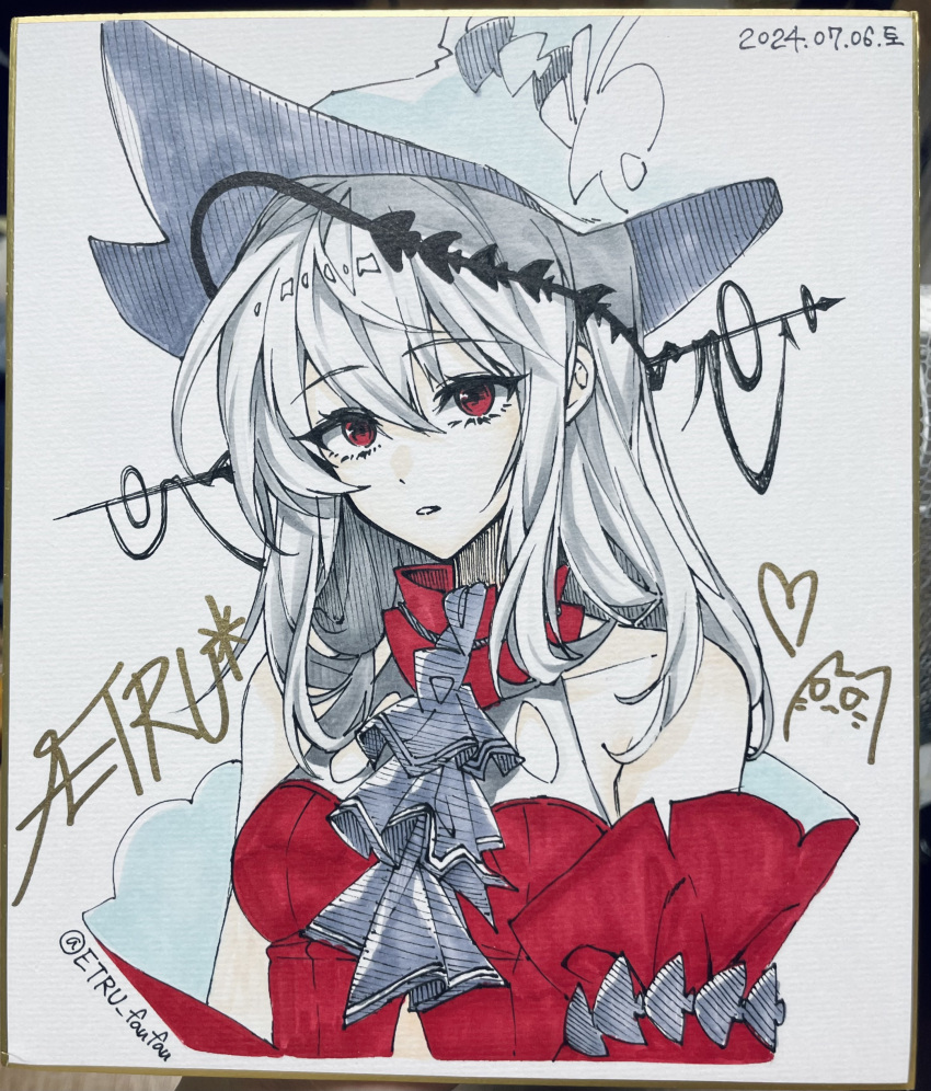 absurdres arknights ascot bare_shoulders dated dress etru_faufau female grey_ascot grey_hair grey_hat hair_between_eyes hashtag-only_commentary hat hatching_(texture) heart highres linear_hatching long_hair looking_at_viewer official_alternate_costume parted_lips photo_(medium) red_dress red_eyes shikishi skadi_(arknights) skadi_the_corrupting_heart_(arknights) solo traditional_media twitter_username upper_body