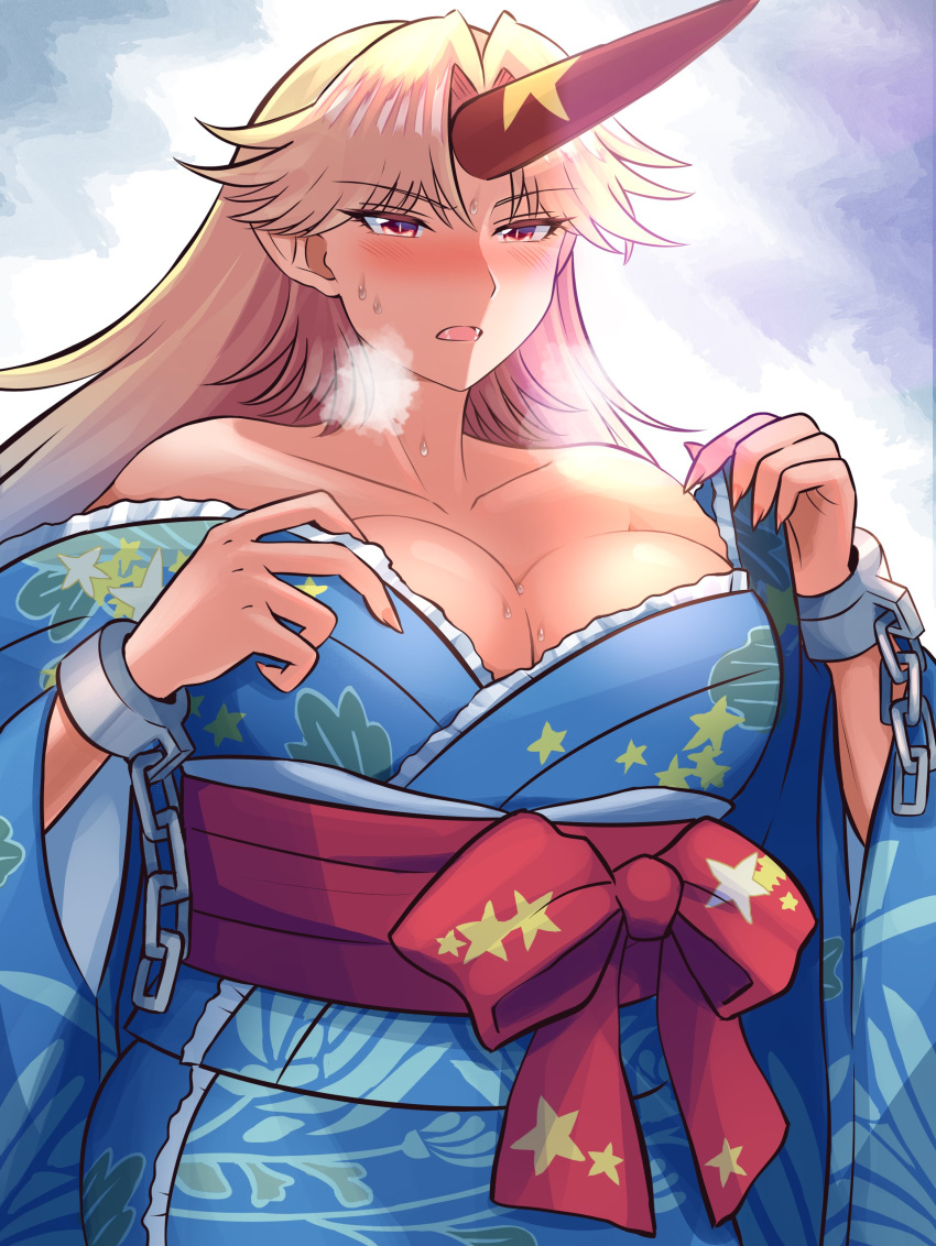 absurdres blonde_hair blue_kimono breasts chains cleavage collarbone cone_horns cuffs elaphe_guttata6 female heavy_breathing highres horns hoshiguma_yuugi hoshiguma_yuugi_(kimono) japanese_clothes kimono large_breasts long_hair obi obiage off_shoulder pointy_ears red_eyes red_horns red_sash sash shackles single_horn solo touhou very_long_hair