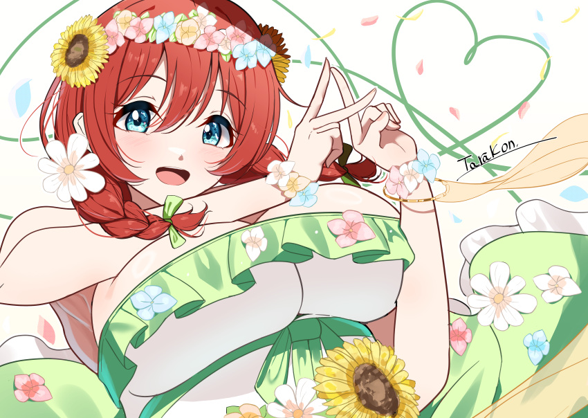 :d absurdres artist_name blue_eyes braid breasts brown_hair cleavage commentary_request confetti dress emma_verde female flower frilled_dress frills hair_between_eyes hair_flower hair_ornament head_wreath heart heart_of_string highres huge_breasts long_hair looking_at_viewer love_live! love_live!_nijigasaki_high_school_idol_club low_twin_braids medium_hair open_mouth signature simple_background smile solo split_mouth strapless strapless_dress sunflower tarakon teeth textless_version twin_braids upper_body upper_teeth_only white_background white_dress