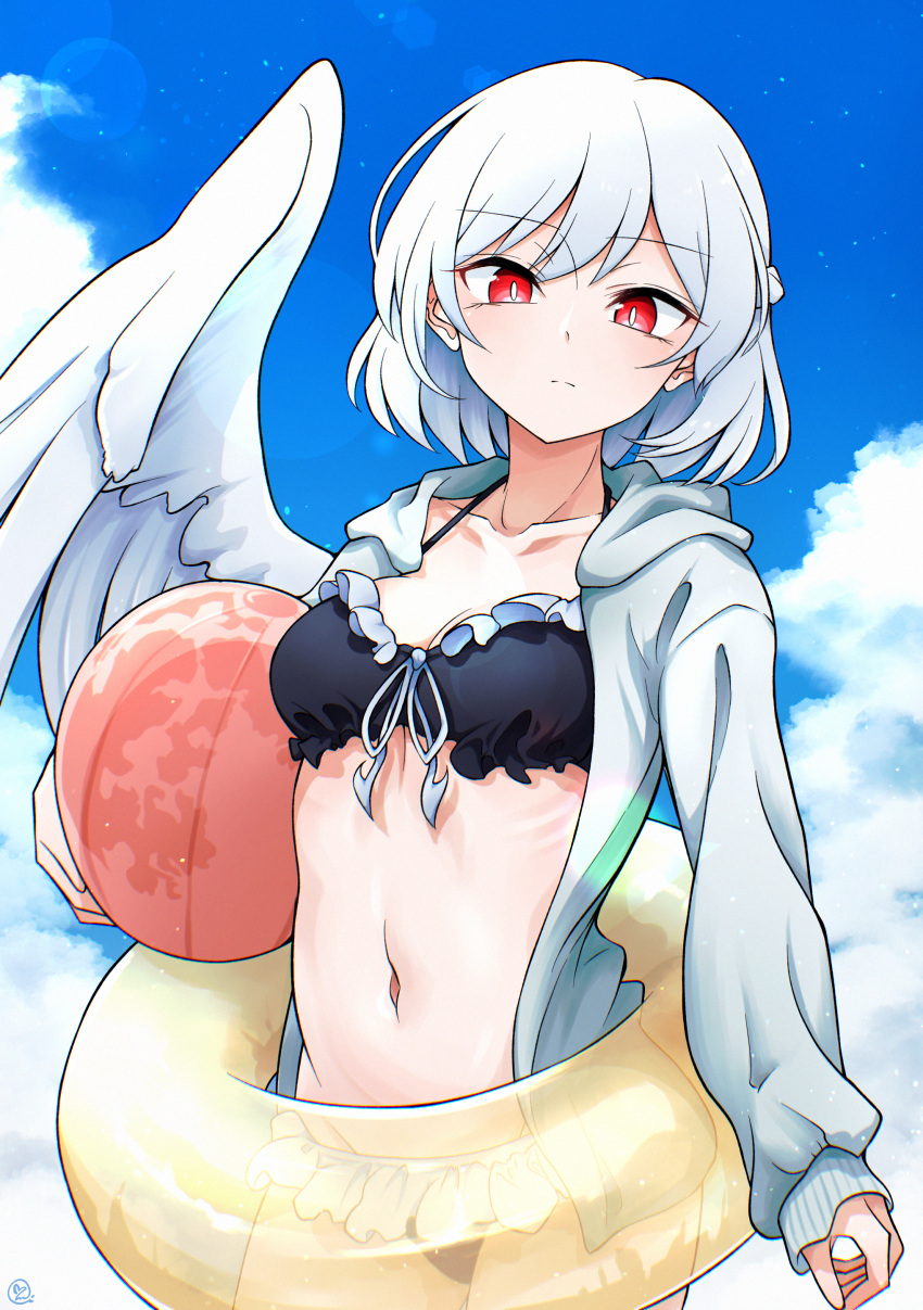 absurdres ball beachball bikini black_bikini blue_sky blush cloud commentary_request cowboy_shot feathered_wings female frilled_bikini frills frown grey_hair highres holding holding_ball holding_beachball innertube kishin_sagume long_sleeves looking_at_viewer red_eyes scavia10 short_hair single_wing sky solo swim_ring swimsuit touhou white_wings wings