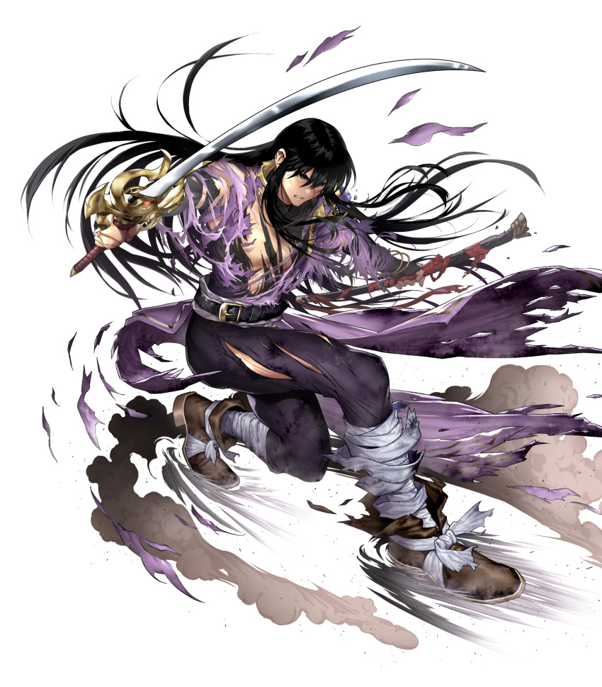 1boy balmung_(fire_emblem) bandages belt black_eyes black_hair boots bracelet broken_sheath fingerless_gloves fire_emblem fire_emblem:_genealogy_of_the_holy_war fire_emblem_heroes full_body gloves highres injury jewelry long_hair male_focus official_art okuma_yuugo open_clothes open_shirt shannan_(fire_emblem) sheath solo sword teeth torn_clothes transparent_background weapon