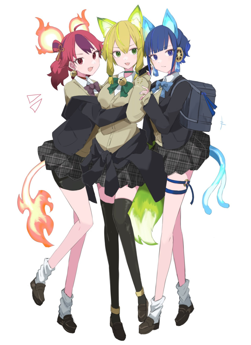 3girls alternate_costume animal_ears backpack bag bike_shorts blazer blue_eyes blue_hair bow bowtie breasts cat_ears cat_tail cellphone commentary_request duel_monster energy_tail fox fox_tail full_body ha-re_the_sword_mikanko highres holding holding_phone hu-li_the_jewel_mikanko jacket long_hair loose_socks medium_breasts mouse_ears multicolored_hair multiple_girls multiple_tails ni-ni_the_mirror_mikanko open_mouth phone purple_hair red_eyes sakuragi_raia school_uniform shoes short_hair_with_long_locks shorts shorts_under_skirt simple_background skirt smartphone socks sweater tail thighhighs twintails two-tone_hair two_tails white_background yu-gi-oh!