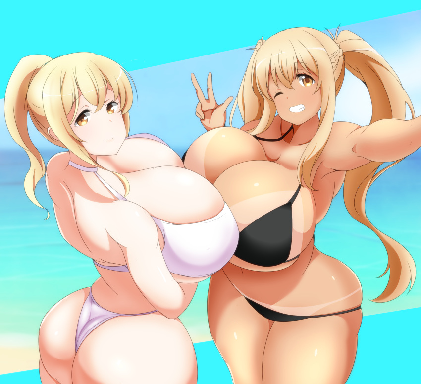 2girls absurdres ass bikini bikini_tan black_bikini blonde_hair breast_press breasts curvy grin highres huge_breasts long_hair lowleg lowleg_bikini multiple_girls ocean one_eye_closed ponytail rizza siblings sisters smile sunohara_ayaka sunohara_nana sunoharasou_no_kanrinin-san swimsuit symmetrical_docking tan tanlines twintails v white_bikini wide_hips yuri