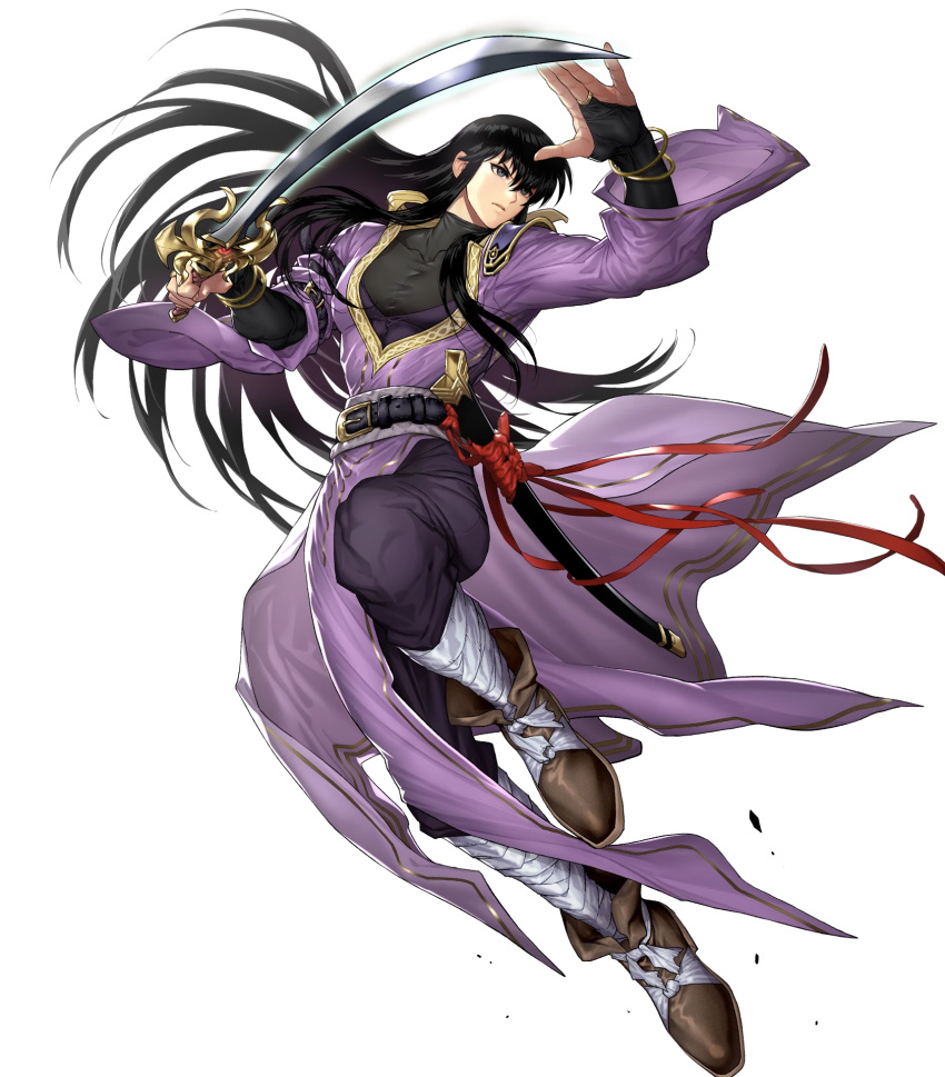 1boy balmung_(fire_emblem) bandages belt black_eyes black_hair boots bracelet fingerless_gloves fire_emblem fire_emblem:_genealogy_of_the_holy_war fire_emblem_heroes full_body gloves highres jewelry long_hair male_focus official_art okuma_yuugo pelvic_curtain shannan_(fire_emblem) solo sword transparent_background weapon