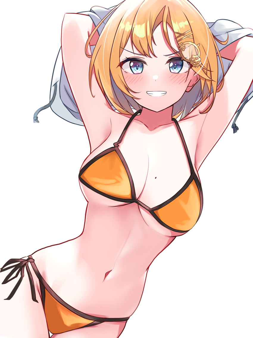 absurdres armpits arms_behind_head bikini blonde_hair blue_eyes blush bob_cut breasts chillout_tang cleavage commentary dutch_angle female hair_ornament halterneck highres hololive hololive_english large_breasts looking_at_viewer mole mole_on_breast navel orange_bikini short_hair side-tie_bikini_bottom simple_background smile solo string_bikini swimsuit symbol-only_commentary thigh_gap undressing virtual_youtuber watson_amelia white_background x_hair_ornament