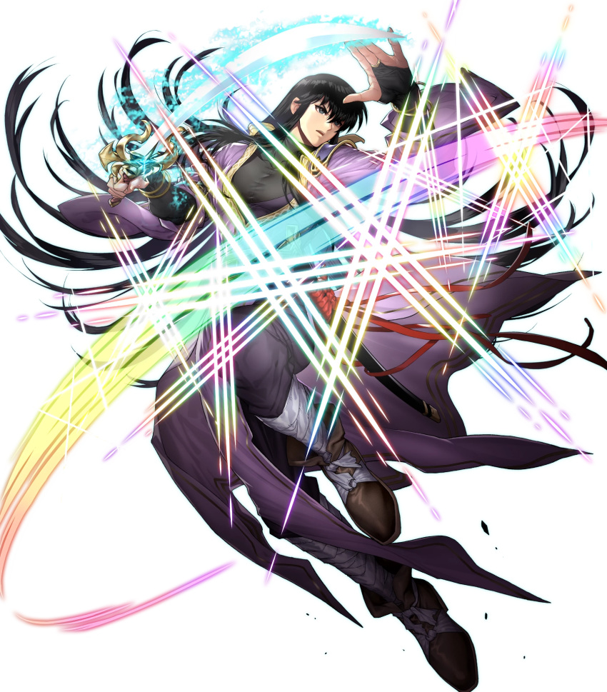 1boy aura balmung_(fire_emblem) bandages belt black_eyes black_hair boots bracelet fingerless_gloves fire_emblem fire_emblem:_genealogy_of_the_holy_war fire_emblem_heroes full_body gloves glowing glowing_sword glowing_weapon highres jewelry katana long_hair male_focus official_art okuma_yuugo open_mouth pelvic_curtain shannan_(fire_emblem) solo sparkle sword teeth transparent_background weapon