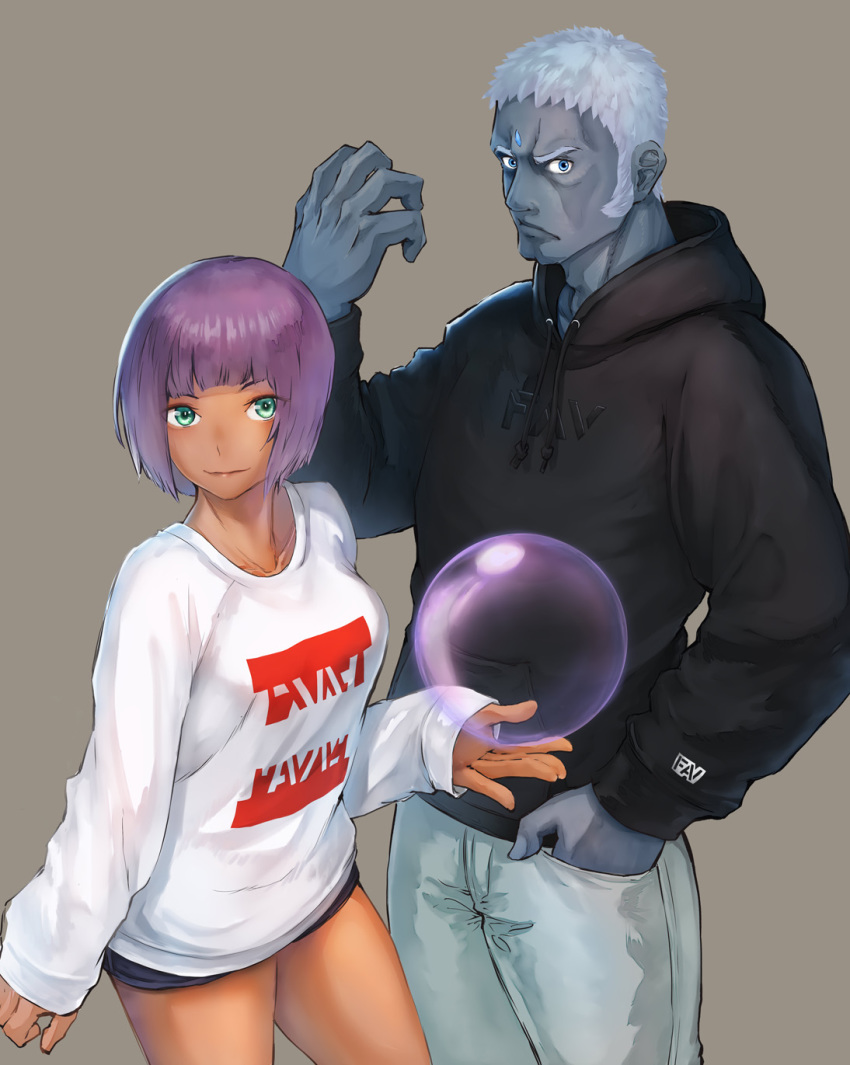 1boy bare_legs black_hoodie blue_eyes blunt_bangs bob_cut casual colored_skin commentary_request crystal_ball dark-skinned_female dark_skin denim denim_shorts female forehead_jewel green_eyes grey_background grey_hair grey_skin hand_in_pocket height_difference highres hinoru_saikusa hood hood_down hoodie jeans long_sleeves looking_at_viewer menat metal_skin painting_(medium) pants purple_hair short_hair shorts sleeves_past_wrists standing street_fighter street_fighter_v sweater traditional_media urien watercolor_(medium) white_sweater