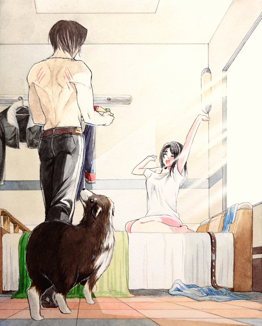 1boy absurdres angelo_(ff8) arm_up back bed black_hair brown_hair canine clothes_hanger female final_fantasy final_fantasy_viii highres holding holding_plate implied_after_sex numao_yorozu open_mouth plate rinoa_heartilly scratches squall_leonhart stretching sunlight topless_male window yawning