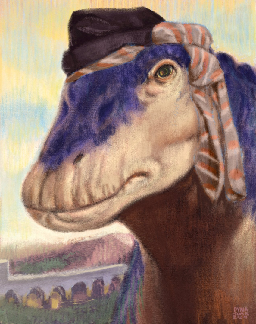 2024 anthro aqueduct black_clothing black_hat black_headwear blue_markings clothing digital_drawing_(artwork) digital_media_(artwork) digital_pastel_(artwork) dinosaur diplodocid diplodocus dyna_soar fantasy hat headgear headscarf headshot_portrait headwear hi_res impressionist_background landscape long_neck looking_aside male markings mountain outside pattern_clothing portrait prehistoric_species reptile saurian_(disambiguation) sauropod sauropodomorph scalie signature solo striped_clothing stripes