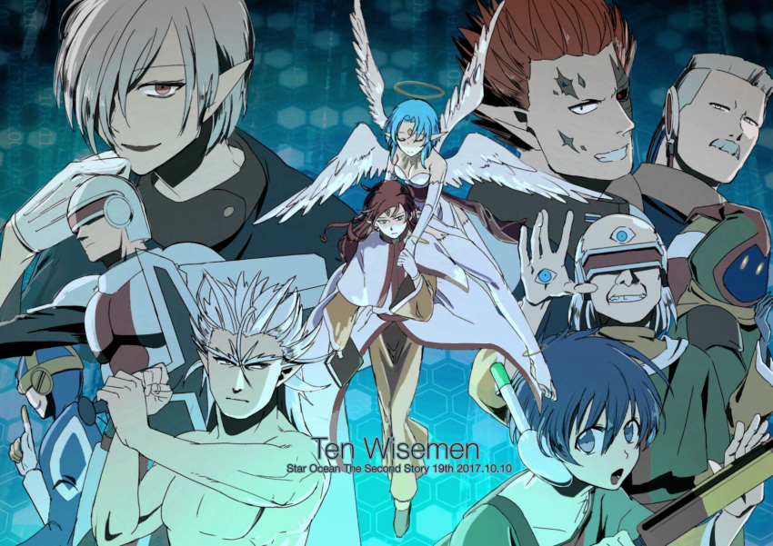 6+boys armor bare_shoulders blue_hair breasts closed_mouth dress elbow_gloves facial_hair facial_mark female filia_(star_ocean) forehead_jewel forehead_mark gabriel_(star_ocean) gloves halo helmet highres holding holding_sword holding_weapon huge_weapon jewelry looking_at_viewer lucifer_(star_ocean) medium_hair michael_(star_ocean) moustache multiple_boys open_mouth pointy_ears red_eyes rusinomob shield short_hair smile star_ocean star_ocean_the_second_story sword thighhighs weapon zadkiel_(star_ocean) zaphkiel_(star_ocean)