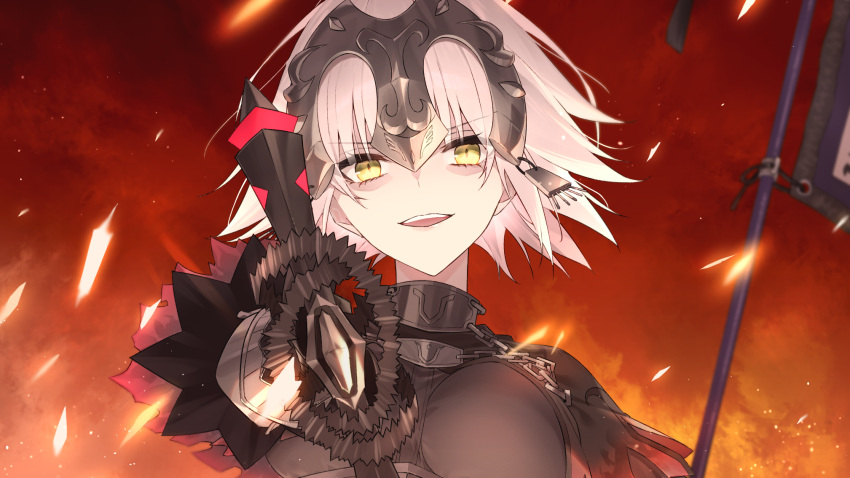 armor armored_dress banner black_dress breasts chains dress fate/grand_order fate_(series) female gauntlets headpiece highres holding jeanne_d'arc_alter_(avenger)_(fate) jeanne_d'arc_alter_(avenger)_(first_ascension)_(fate) jeanne_d'arc_alter_(fate) large_breasts looking_at_viewer plackart pttyr short_hair solo sword weapon white_hair yellow_eyes