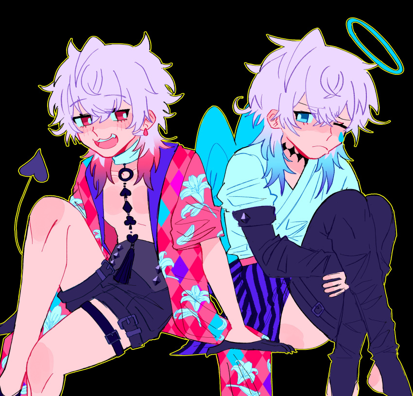 2boys absurdres angel angel_wings arm_support bishounen black_background black_gloves black_shorts blue_eyes blue_hair blush boots demon_tail diamond_choker earrings english_commentary eyelashes feet_out_of_frame floral_print gavis_bettel gavis_bettel_(1st_costume) gloves grey_hair hair_between_eyes halo highres holostars holostars_english hugging_own_legs jewelry knees_up lily_print looking_at_another male_focus medium_hair multicolored_hair multiple_boys one_eye_closed open_mouth outline pink_eyes pink_hair robotcowboys scarf shorts sitting tail teardrop thigh_boots thigh_strap virtual_youtuber white_scarf wings yellow_outline