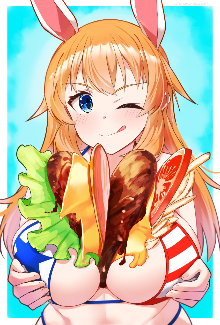 absurdres american_flag american_flag_bikini american_flag_print animal_ears bikini blue_eyes blush breasts burger charlotte_e._yeager closed_mouth female flag_print food highres hiroshi_(hunter-of-kct) long_hair looking_at_viewer one_eye_closed orange_hair print_bikini rabbit_ears smile solo strike_witches swimsuit tongue tongue_out world_witches_series