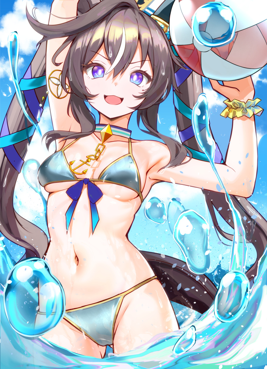 alternate_breast_size armpits arms_up ball beachball bikini black_hair breasts collar collarbone commentary_request earrings female hair_between_eyes hair_ornament highres horse_girl jewelry patricia_(stylish_marunage) purple_eyes single_earring sky swimsuit twintails umamusume vivlos_(umamusume) water water_drop