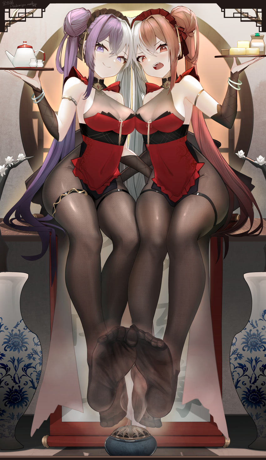 2girls absurdres azur_lane black_pantyhose bracelet breasts chao_ho_(azur_lane) chao_ho_(frolicking_flowers_verse_ii)_(azur_lane) chinese_clothes commentary_request covered_navel crossed_bangs feet frilled_hairband frills full_body groin hair_bun hair_intakes hairband hand_up highres holding holding_tray jewelry long_hair looking_at_viewer medium_breasts multicolored_hair multiple_girls official_alternate_costume open_mouth pantyhose purple_eyes purple_hair red_eyes red_hair sitting smile split-color_hair teapot thigh_strap toes tray very_long_hair white_hair xinggong_shili ying_swei_(azur_lane) ying_swei_(frolicking_flowers_verse_i)_(azur_lane)