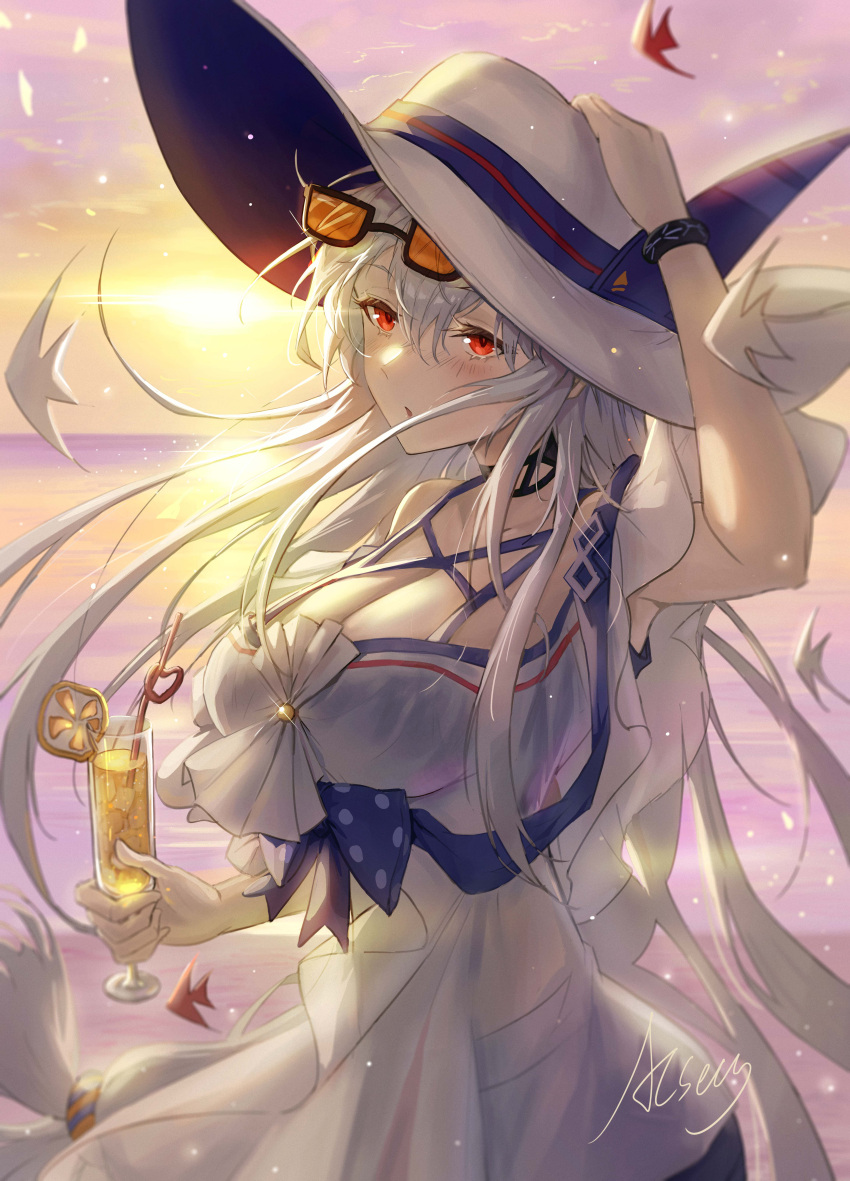 absurdres acseus_tian_qiang_zuo arknights arm_up blush breasts chinese_commentary cleavage commentary_request cowboy_shot dress drink drinking_straw english_commentary eyewear_on_head female glint hair_between_eyes hand_on_headwear hat highres holding holding_drink horizon infection_monitor_(arknights) large_breasts light_particles long_hair mixed-language_commentary ocean official_alternate_costume orange-tinted_eyewear outdoors parted_lips purple_hat red_eyes signature skadi_(arknights) skadi_(waverider)_(arknights) solo spain standing sun sun_hat sunlight sunset tenerife tinted_eyewear two-sided_fabric two-sided_headwear white_dress white_hair white_hat wind