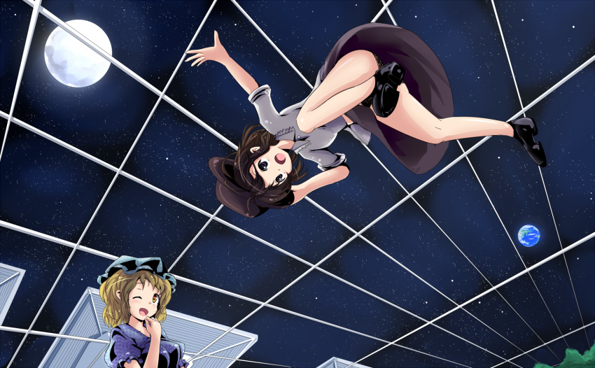 2girls adda highres maribel_hearn moon multiple_girls touhou trojan_green_asteroid usami_renko window zero_gravity