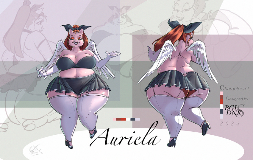 accessory angel anthro armwear ass auriela_(herefortheweird) big_breasts big_butt bigoldoinks bottomwear breasts clothing corset curvy_anthro curvy_female curvy_figure domestic_pig eyeshadow female gloves hair hair_accessory hair_ribbon handwear huge_breasts huge_butt leggings legwear lingerie makeup mammal model_sheet pink_body red_eyeshadow red_hair ribbons skirt solo suid suina sus_(pig) thick_thighs topwear voluptuous voluptuous_anthro voluptuous_female wide_hips wings