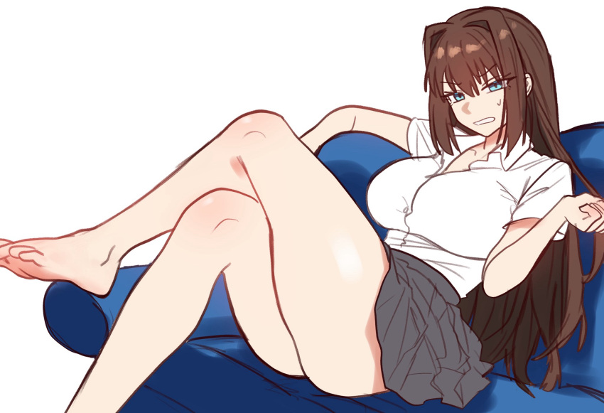 aozaki_aoko bare_legs barefoot blue_eyes breasts brown_hair collared_shirt couch crossed_legs ebora feet female foot_out_of_frame grey_skirt hair_between_eyes hair_intakes highres large_breasts legs long_hair looking_at_viewer mahou_tsukai_no_yoru miniskirt on_couch parted_lips scowl shirt sitting skirt solo sweatdrop toes white_background white_shirt