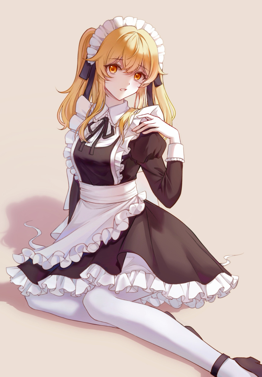 absurdres apron black_dress black_ribbon blonde_hair blush breasts cyfrost dress female frilled_apron frills hair_over_shoulder hair_ribbon highres kakegurui kakegurui_twin long_hair looking_at_viewer maid maid_apron maid_headdress medium_breasts official_alternate_costume on_floor open_mouth pantyhose puffy_sleeves raised_eyebrows ribbon saotome_mary sidelocks simple_background sitting twintails waist_apron white_apron white_pantyhose yellow_eyes