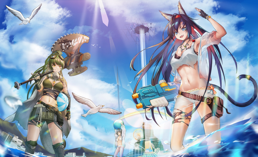 3girls :d animal animal_ear_fluff animal_ears arknights arm_up ball beach beachball bikini bird black_gloves blaze_(arknights) blue_eyes bright_pupils chinese_commentary colored_inner_hair commentary_request day ferris_wheel fingerless_gloves gavial_(arknights) gavial_the_invincible_(arknights) gavial_the_invincible_(holiday)_(arknights) gloves green_hair green_shorts hairband highres holding holding_ball holding_beachball holding_water_gun holding_weapon jewelry la_pluma_(arknights) la_pluma_(summer_flowers)_(arknights) lens_flare long_hair looking_at_viewer multicolored_hair multiple_girls navel necklace ocean oerba_yun_fang official_alternate_costume open_mouth outdoors pouch purple_hair rainbow red_hair red_hairband seagull see-through see-through_shirt see-through_sleeves shirt shorts smile standing sunlight swimsuit tail the_d6 thigh_strap torn_clothes water_gun waving weapon white_bikini white_pupils yellow_eyes