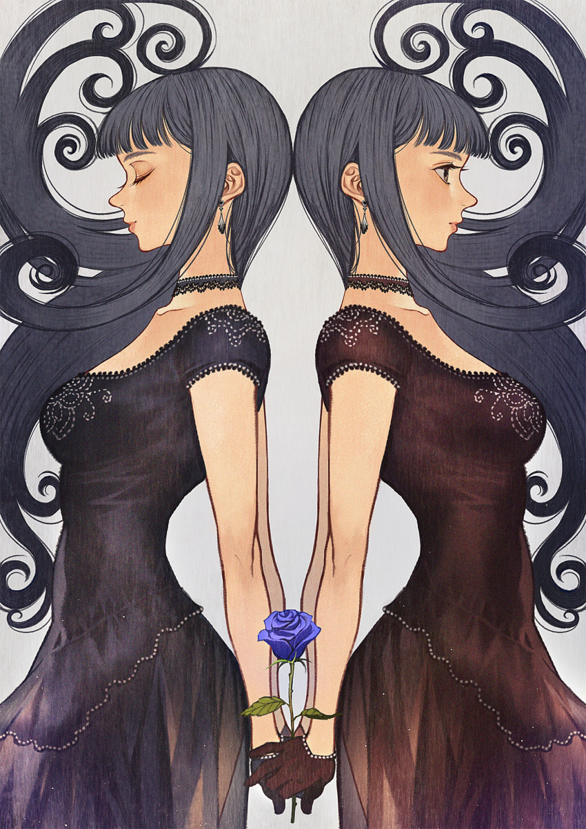 2girls black_dress black_gloves blue_flower blue_rose blunt_bangs breasts choker closed_eyes dress earrings floating_hair flower from_side gloves grey_hair highres jewelry long_hair medium_breasts multiple_girls original profile rose short_sleeves upper_body yumeko_(yumeyana_g)