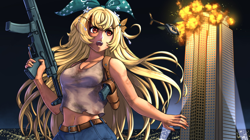 aircraft blonde_hair breasts building cityscape cosplay die_hard dirty dirty_clothes explosion female flower gun h&k_mp5 hair_flower hair_ornament hair_ribbon hairclip handgun helicopter highres holding holding_gun holding_weapon holster john_mcclane john_mcclane_(cosplay) long_hair medium_breasts nijisanji nijisanji_en pointy_ears pomu_rainpuff red_eyes ribbon shoulder_holster skyscraper solo submachine_gun substance20 tank_top trigger_discipline very_long_hair virtual_youtuber weapon white_tank_top