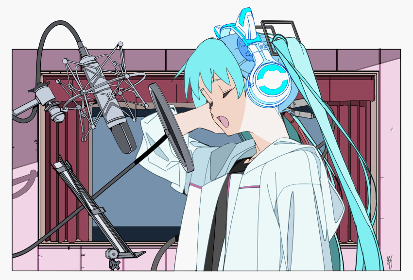 animal_ear_headphones animal_ears black_shirt cat_ear_headphones closed_eyes commentary curtains edoya_inuhachi english_commentary fake_animal_ears female from_side hair_ornament hands_on_headphones hatsune_miku headphones highres hood hooded_jacket indoors jacket long_hair microphone music music_stand open_mouth recording_studio shirt singing solo twintails upper_body very_long_hair vocaloid white_jacket