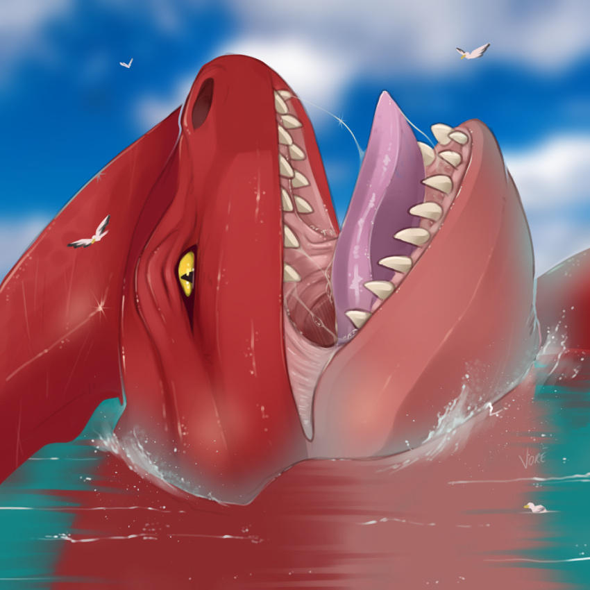 1:1 bodily_fluids cloud female feral hi_res looking_at_viewer macro marine monster open_mouth red_(the_sea_beast) red_bluster red_body saliva sea sea_monster sharp_teeth solo teeth the_sea_beast tongue vore_(artist) water yellow_eyes