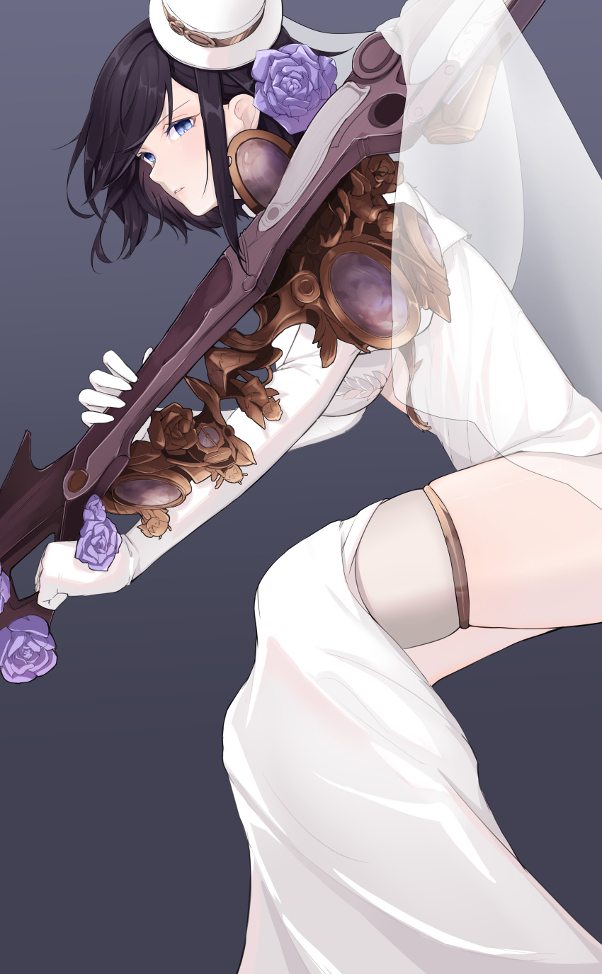 absurdres ark_royal_(azur_lane) ark_royal_(pure-white_protector)_(azur_lane) azur_lane black_background black_hair blue_eyes breasts bridal_veil commentary cowboy_shot dress female flower framed_breasts gloves gun hair_between_eyes hat highres holding holding_gun holding_weapon large_breasts long_dress lying marumai mini_hat official_alternate_costume on_side parted_lips profile purple_flower purple_rose rifle rose short_hair side_slit sidelocks simple_background skindentation solo strapless strapless_dress thighhighs tilted_headwear veil weapon white_dress white_gloves white_hat