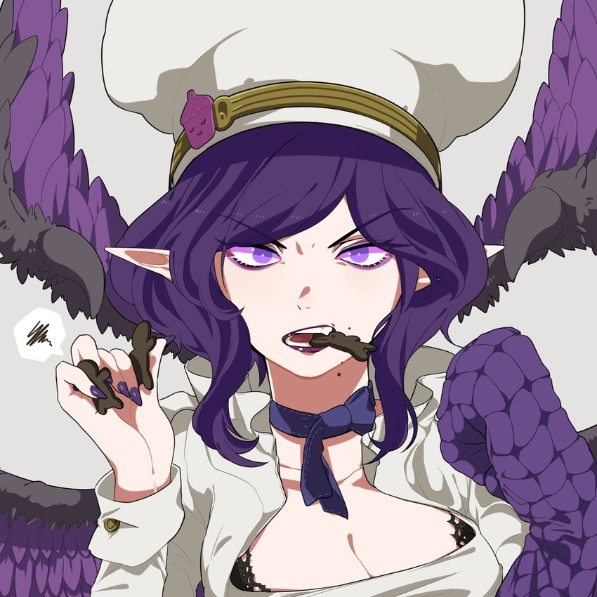 black_wings breasts chef chef_hat choker cleavage cookie female food food_in_mouth hand_up hands_up hat highres hiyari_(hiyarilol) large_breasts league_of_legends long_hair long_sleeves looking_at_viewer mittens morgana_(league_of_legends) mouth_hold oerba_yun_fang pink_eyes portrait purple_hair purple_lips purple_wings ribbon_choker sinful_succulence_morgana solo squiggle teeth wings