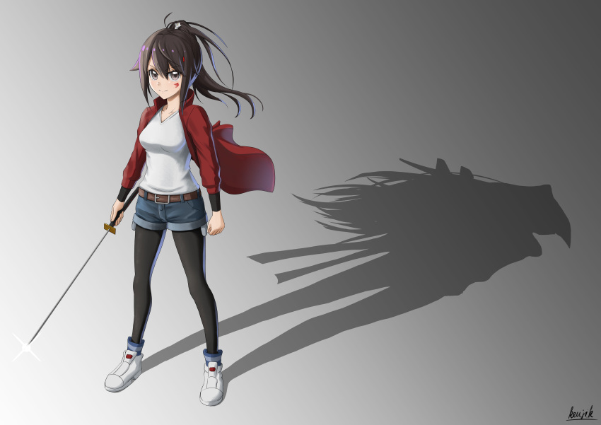 absurdres black_fox black_pantyhose blue_shorts brown_eyes brown_hair closed_mouth collarbone denim denim_shorts female floating_hair gradient_background grey_background hair_between_eyes highres holding holding_sword holding_weapon isurugi_rikka_(black_fox) jacket kayama_kouji long_hair open_clothes open_jacket pantyhose pantyhose_under_shorts red_jacket shadow shirt short_shorts shorts signature smile solo standing sword track_jacket weapon white_footwear white_shirt