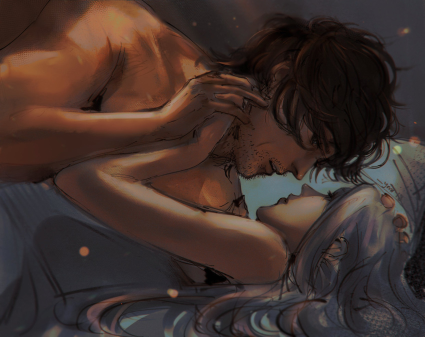 1boy beard biceps black_hair clive_rosfield completely_nude couple eye_contact facial_hair female final_fantasy final_fantasy_xvi hand_on_another's_head headpat highres imminent_kiss interlocked_fingers jill_warrick long_hair looking_at_another nude on_bed simple_background straight ymr18